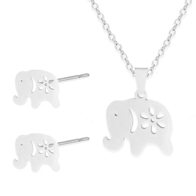 Cadeau Ketting & Oorbellen set met Olifant - Roestvrij Staal - Zilverkleurig - Cadeau Sieraad op Kaartje - Pax Amare