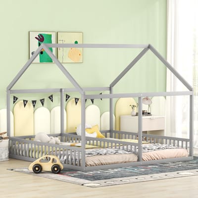 Wishdor – 2-in-1 Kinderbed 90x200 cm – Huisbed met Dak & Middenhek – Gezellig & Veilig – Grenen & MDF – Grijs