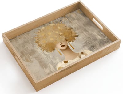 Dienblad hout 40x30 cm - Schootdienblad - Goud - Portret - Vrouw - Borrelplank rechthoek - Plateau dienbladen