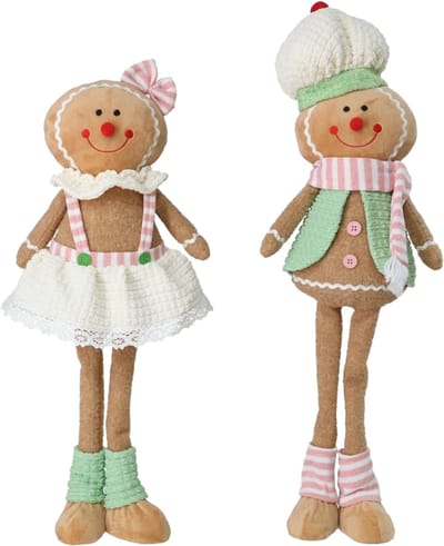 Viv! Christmas Kerstbeeld - Gingerbread Pop van Stof met Lange Benen - set van 2 - pastel - roze groen - 60cm