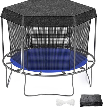 Ronde, zwarte trampoline-luifel met zes gaten en touwen (kleur willekeurig), eenvoudig te installeren, geschikt voor speeltuinen in de achtertuin. Inclusief luifel - 2,4 meter, 6 palen.