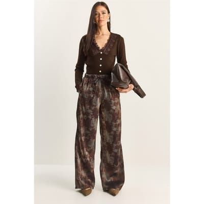 Hoge Taille Wijde Pantalon met Patronen en Binddetails