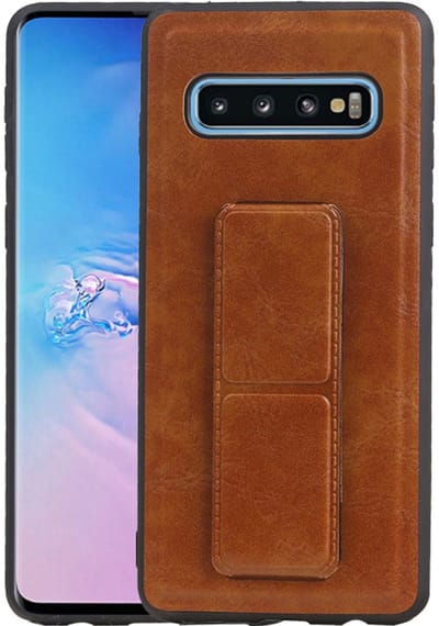Grip Stand Hardcase Backcover - Telefoonhoesje - Achterkant Hoesje - Geschikt voor Samsung Galaxy S10 - Bruin