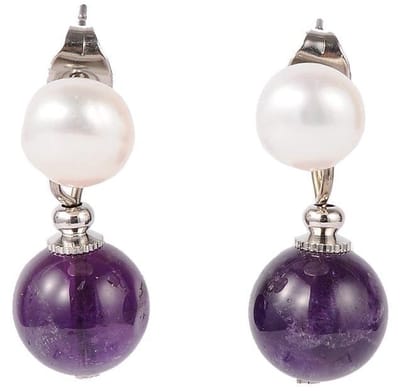 Zoetwater parel oorbellen met edelsteen Pearl Stud Amethyst - oorstekers - echte parels - amethist - wit - paars - zilver - luxe sieraden zakje - parel oorbellen dames - parel oorknopjes
