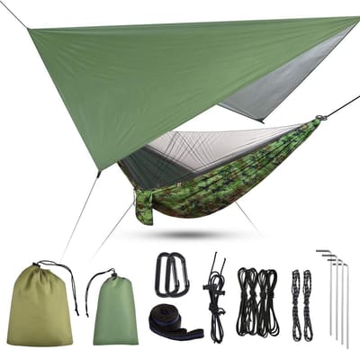 Camping hangmat - Outdoor schommel - Ontspannen buiten - 3-in-1 met zeil - 290x140 cm - Camo groen