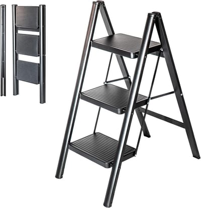 Opstapladder 3 treden - Klapladder opstapje - Huishoudelijke klusjes - Ultra-compact inklapbaar - 17.5 cm brede treden - Zwart