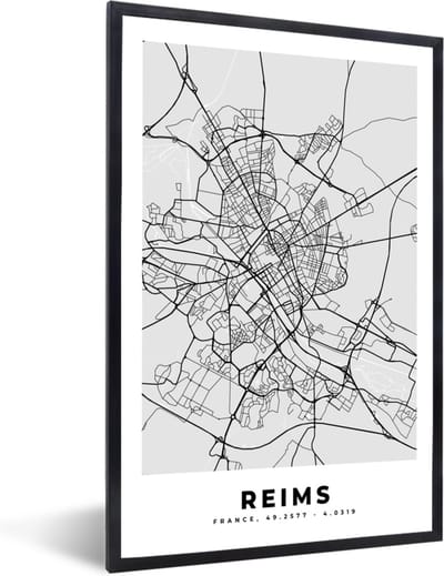 Fotolijst incl. Poster - Frankrijk - Reims - Stadskaart - Plattegrond - Kaart - 40x60 cm - Posterlijst