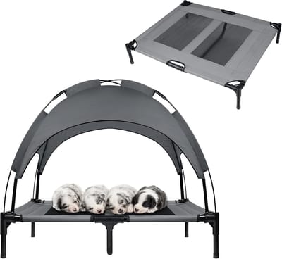 Verhoogde Hondenbedden 92 x 76 x 92 cm - Hondenbed Met Luifel Dak & Antislip Voetjes & Ademend Gaas - Huisdierenbed Buiten - Draagvermogen Tot 50 kg Voor Tuin Kamperen Reizen NAIZY