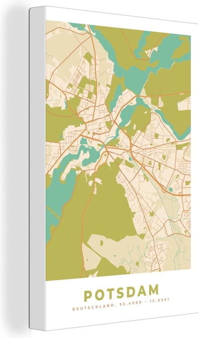 Canvas Schilderij Plattegrond - Potsdam - Kaart - Vintage - Stadskaart - 20x30 cm - Wanddecoratie