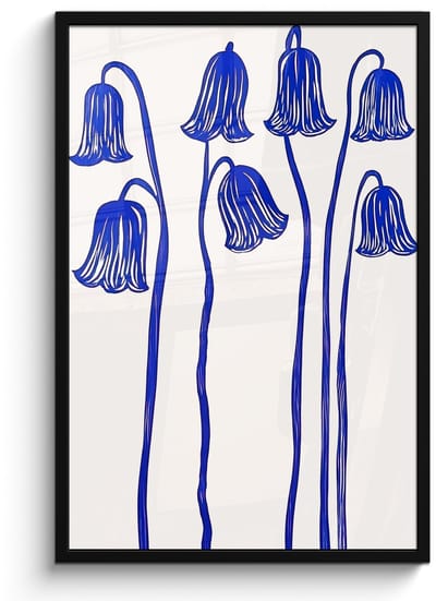 Poster in lijst - Fotolijst 60x90 cm - Posters - Bloemen - Blauw - Lijnen - Bloemblaadjes - Posterlijst zwart - Decoratie - Wanddecoratie woonkamer - Muurdecoratie slaapkamer