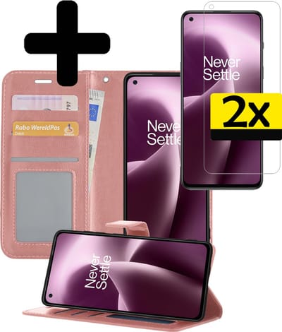 Hoesje - Met 2x Screenprotector - Geschikt voor OnePlus Nord 2T - Luxe Pasjeshouder - Bookcase Portemonee - Flip Case - Kunstleer Book Case - Flipcase Hoes - Book Cover - Walletcase - Portemonneehoes - Telefoonhoesjes - Rosé goud