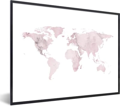 Poster in lijst - Fotolijst 40x30 cm - Posters - Wereldkaart - Roze - Marmer - Posterlijst zwart - Decoratie - Wanddecoratie woonkamer - Muurdecoratie slaapkamer