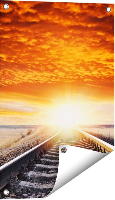 Gards Tuinposter Rails Spoorweg bij Zonsondergang - 40x60 cm - Tuindoek - Tuindecoratie - Wanddecoratie buiten - Tuinschilderij