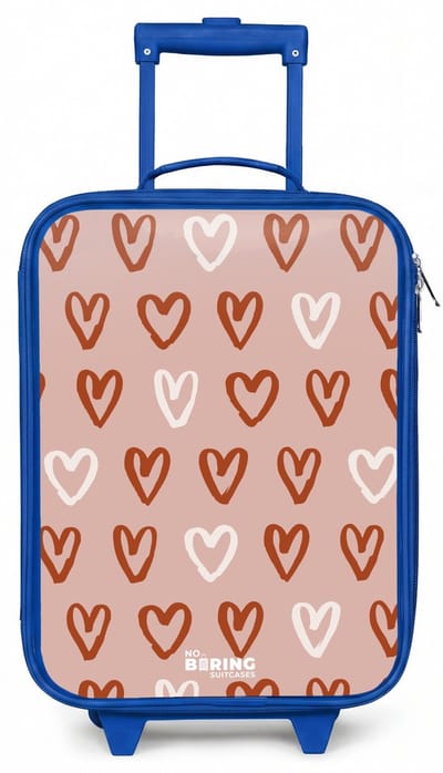 NoBoringSuitcases.com® - Kinderkoffer blauw - Kindertrolley jongen - Hartjes patroon in roze en wit - Koffer kind lichtgewicht - Reiskoffer trolley voor kinderen - Koffertje met lichtgevende wieltjes - Rolkoffer
