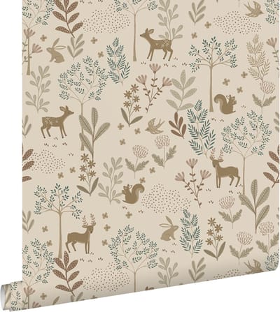 ESTAhome behang bos met bosdieren beige en groen - 53 cm x 10.05 m - 131227