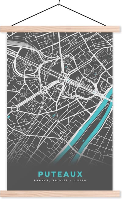 Posterhanger incl. Poster 40x60 cm - Schoolplaat - Puteaux - Stadskaart - Kaart - Plattegrond - Frankrijk - Textielposter - Blanke latten - Stadskaart