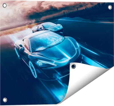 Gards Tuinposter Twee Raceauto's - Abstract - 50x40 cm - Tuindoek - Tuindecoratie - Wanddecoratie buiten - Tuinschilderij