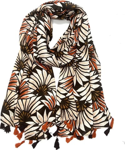 Lange dames sjaal Tonia gebloemd motief donker oranje beige bruin donkerbruin
