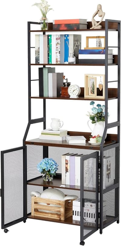 2-in-1 industrieel bureau-boekenkast – 6 planken en kast – Stevig frame van metaal en hout- modern- praktische opbergruimte voor thuis of op kantoor – Zwartbruin