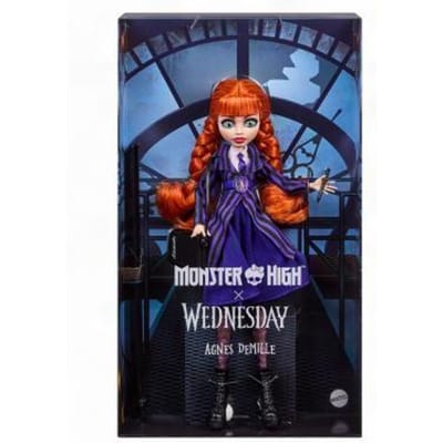 Monster High x Wednesday verzamelpop - Agnes DeMille met paars uniform en accessoires