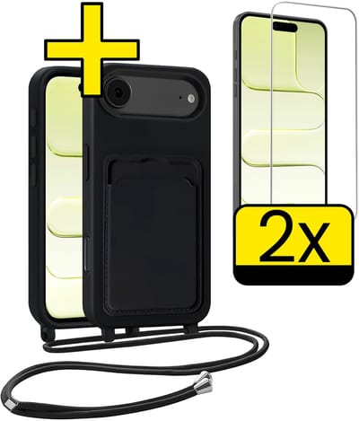 Hoesje Geschikt voor iPhone Air Telefoonhoesje Met Koord Case Pashouder Met 2x Screenprotector Siliconen - Hoes Geschikt voor iPhone Air Hoesje Met Kaarthouder - Zwart