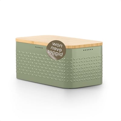 Metalen Broodtrommel - Broodbox Vershouder - Brood Bewaren - Bamboe Deksel Snijplank - 345 cm - Sage Green