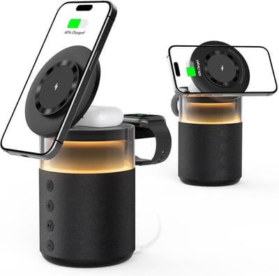 Draadloze oplader 5-in-1 - 15W Snellader - Qi Oplaadstation met Speaker & Nachtlamp - Geschikt voor MagSafe - Zwart