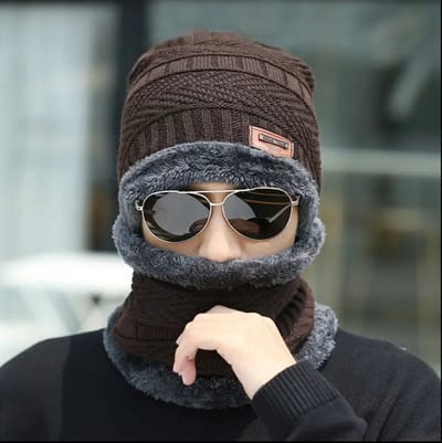 Gebreide Beanie Muts en Sjaal Set | Warme Bonnet Winter Muts Met Colsjaal Nekwarmer | Halswarmer Wintermuts Wol Gevoerd | Warme & Zachte Fleece Voering | Unisex | Voor Dames en Heren | Volwassenen - Koffie - Coffee