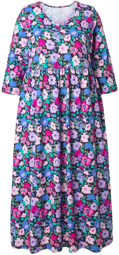 Ulla Popken - Dames - Jersey maxi-jurk bloemen A-lijn V-hals 3/4-mouw - Zwart - Maat 54+
