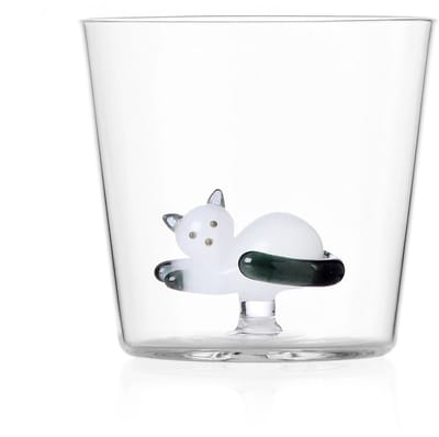 Ichendorf Milano - Tabby Cat glas liggende poes wit met staart smoke - handgeblazen