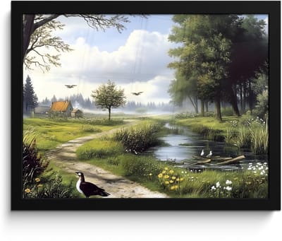 Poster in lijst - Fotolijst 40x30 cm - Posters - Zandpad - Groen landschap - Water - Posterlijst zwart - Decoratie - Wanddecoratie woonkamer - Muurdecoratie slaapkamer