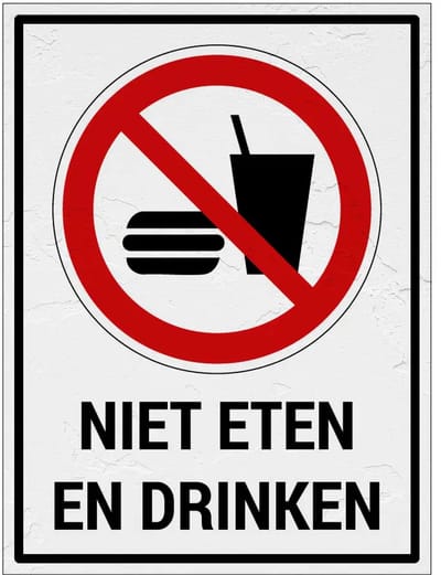 Niet eten en drinken bord met tekst | Sign Again materiaal | 20 x 15 cm