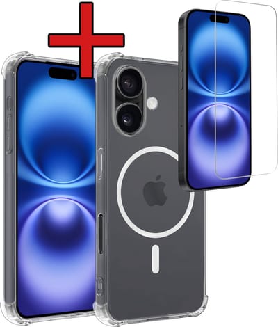 Hoesje - Met Screenprotector - Geschikt voor Apple iPhone 16 - Magsafe Compatible - Sterk & Shockproof - Shock Proof Case - Back Cover - Telefoon Hoes - Telefoonhoes - Transparant