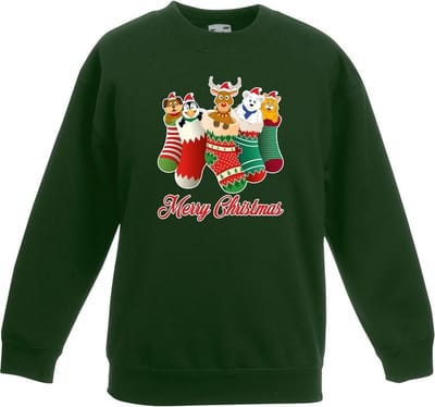 Kersttrui kerstsokken merry christmas groen voor kinderen - kersttruien 98/104