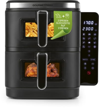 GOURMETmaxx FryUp Verticale dubbele kamer heteluchtfriteuse XXL | Airfryer met kijkvensters en opklapbaar touchdisplay | Heteluchtfriteuse 2 kamers - 10 l inhoud | Heteluchtfriteuse dubbele kamer 2 niveaus