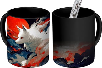 Magische Mok - Foto op Warmte Mokken - Koffiemok - Witte vos - wolken - maan - Magic Mok - Beker - 350 ML - Theemok