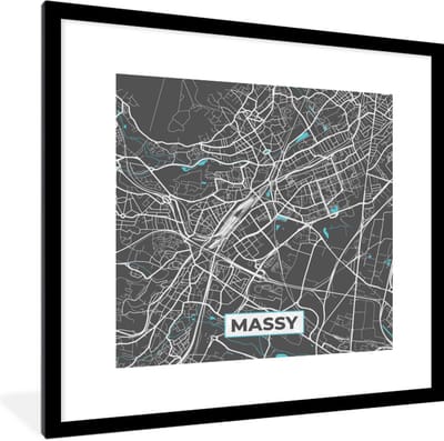 Fotolijst incl. Poster - Frankrijk - Massy - Plattegrond - Kaart - Stadskaart - 40x40 cm - Posterlijst
