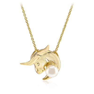 Cavill - Zilveren Halsketting - 925 Sterling Zilver Verguld - 6 mm Witte Zoetwater Kweekparel - Stierenkop Hanger - Elegante Dames Ketting 45 cm