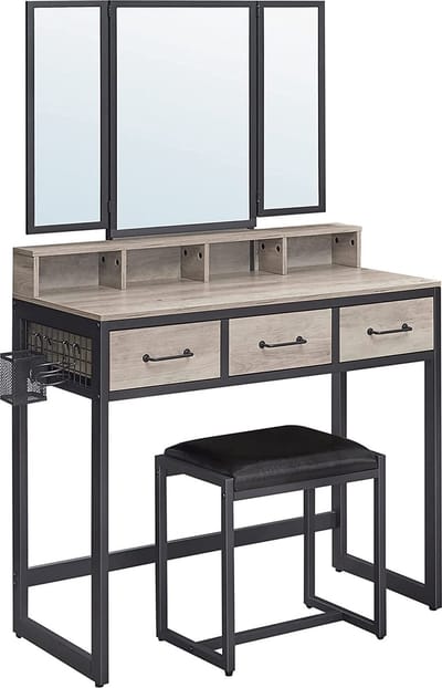 Hoppa! kaptafel met 3-delige klapspiegel, Haardroger Houder, make up tafel met gestoffeerde kruk, 3 lades, greige-zwart