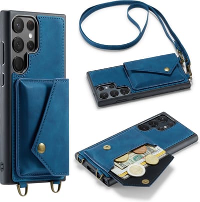 Casemania Hoesje Geschikt voor Samsung Galaxy S23 Ultra - Navy Blue - Luxe Backcover met Koord en Magnetische Sluiting - Portemonnee Wallet Case met Pasjeshouder en Opbergvak - Lanyard Telefoonhoes - Cord Case