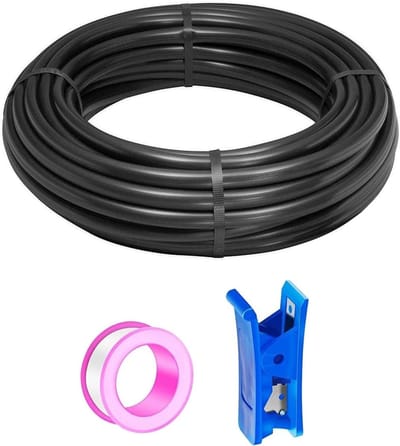 Flexibele PU pneumatische slang 10 m, zwarte slang met 16 mm buitendiameter en 12 mm binnendiameter, inclusief blauwe slangenschaar en roze Teflon tape
