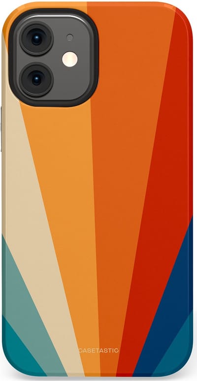 Casetastic hoesje geschikt voor Apple iPhone 12 Mini - Dubbellaagse bescherming - Retro straal - Fashion Case - Oranje Okergeel Petrol Rood