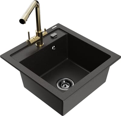 Mexen Vito granieten gootsteen 1-komorige met keukenkraan Duero, zwart/gouden metallic - 6503-75-671600-50-B