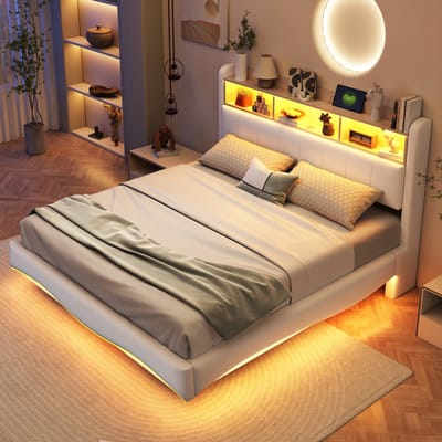 STILVORA Gestoffeerd Bed 160x200cm – Zwevend Gebogen Frame – LED Kleurwissel & USB/Type-C Opladen – Stof – Beige – Zonder Matras