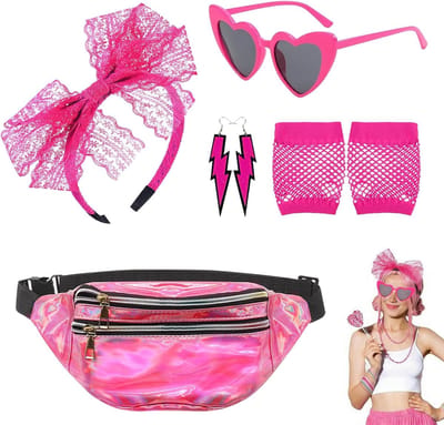 Vijfdelige set met 80s accessoires voor vrouwen - Retro themafeest kostuums, neon roze waist bag, brillen en handschoenen