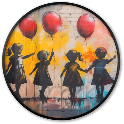 Poster in lijst Rond - Fotolijst 60x60 cm - Posters - Graffiti - Kinderen - Street art - Ballon - Banksy Style - Ronde posterlijst zwart - Decoratie - Wanddecoratie woonkamer - Muurdecoratie slaapkamer