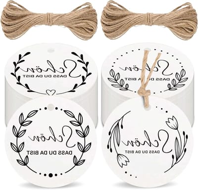 Mooie Cadeaulabels van 5 cm, Verpakking van 100 Stuks, Wit met Jute Touw voor Handgemaakte Trouwen en Kerstcadeaus