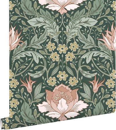 ESTAhome behang vintage bloemen in art nouveau stijl donkergroen en licht roze - 50 x 900 cm - 131081