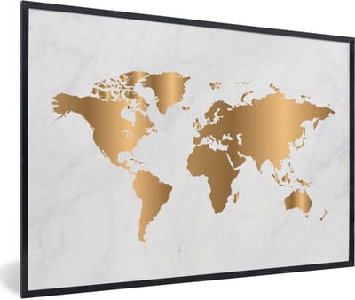Poster in lijst - Fotolijst 90x60 cm - Posters - Wereldkaart - Goud - Marmerlook - Luxe - Design - Posterlijst zwart - Decoratie - Wanddecoratie woonkamer - Muurdecoratie slaapkamer