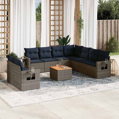 vidaXL - 10-delige - tuinbankset - met - kussens, - grijs - polyrotan